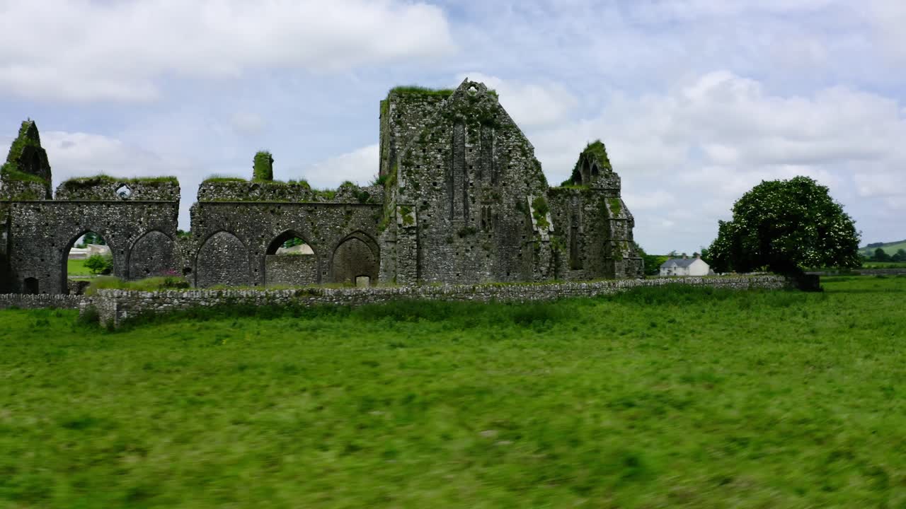 Drone shot of an old abandoned castle in Ireland.