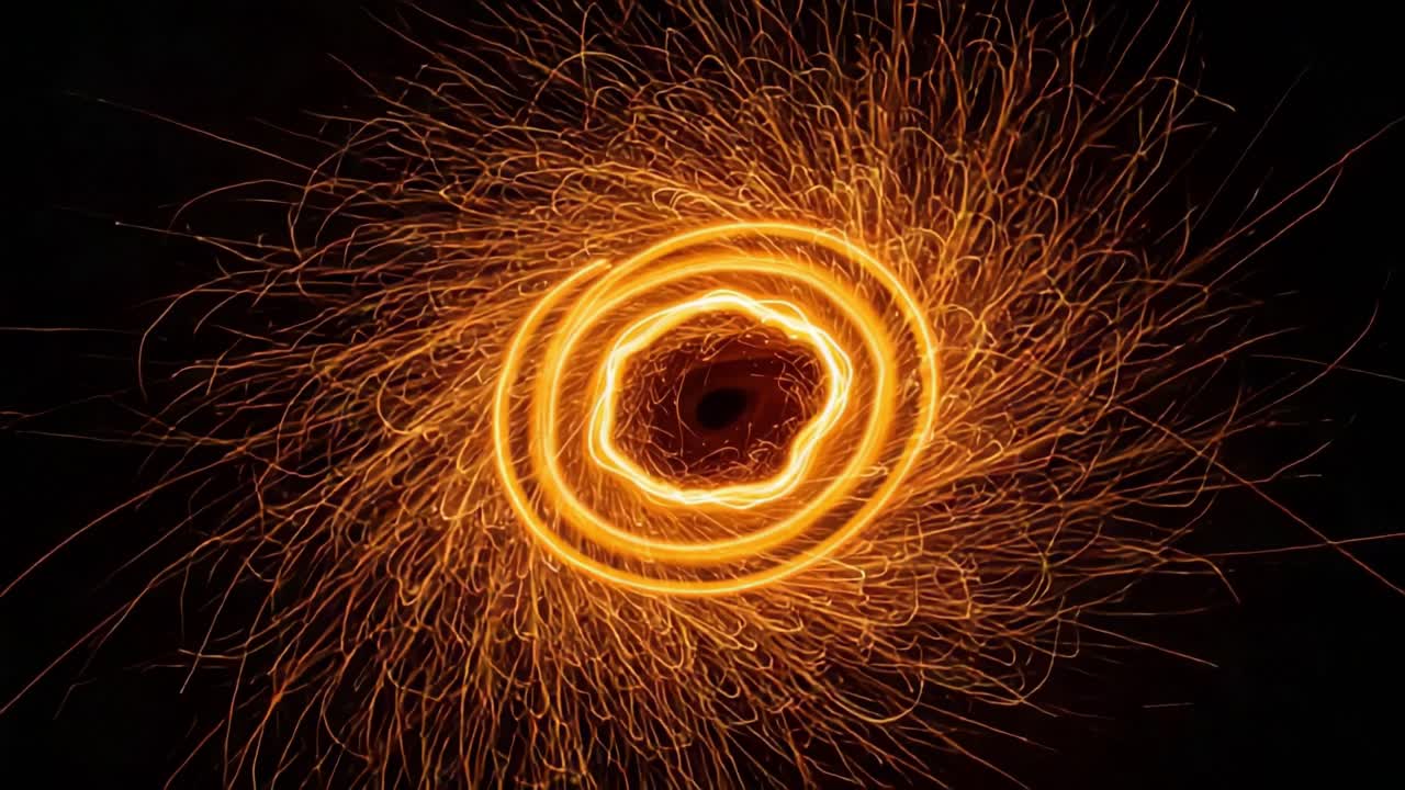 Dazzling Display of Sparkling Orange Light Patterns Captured in Motion, Forming Intricate Swirls and Circular Designs Against a Dark Background