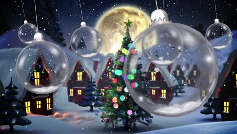 Animation-of-christmas-bauble-dangling-over-santa-claus-in-sleigh,-snow-falling-and-winter-scenery