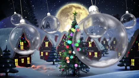 animación de la joya de navidad colgando sobre santa claus en trineo, nieve cayendo y paisaje de invierno