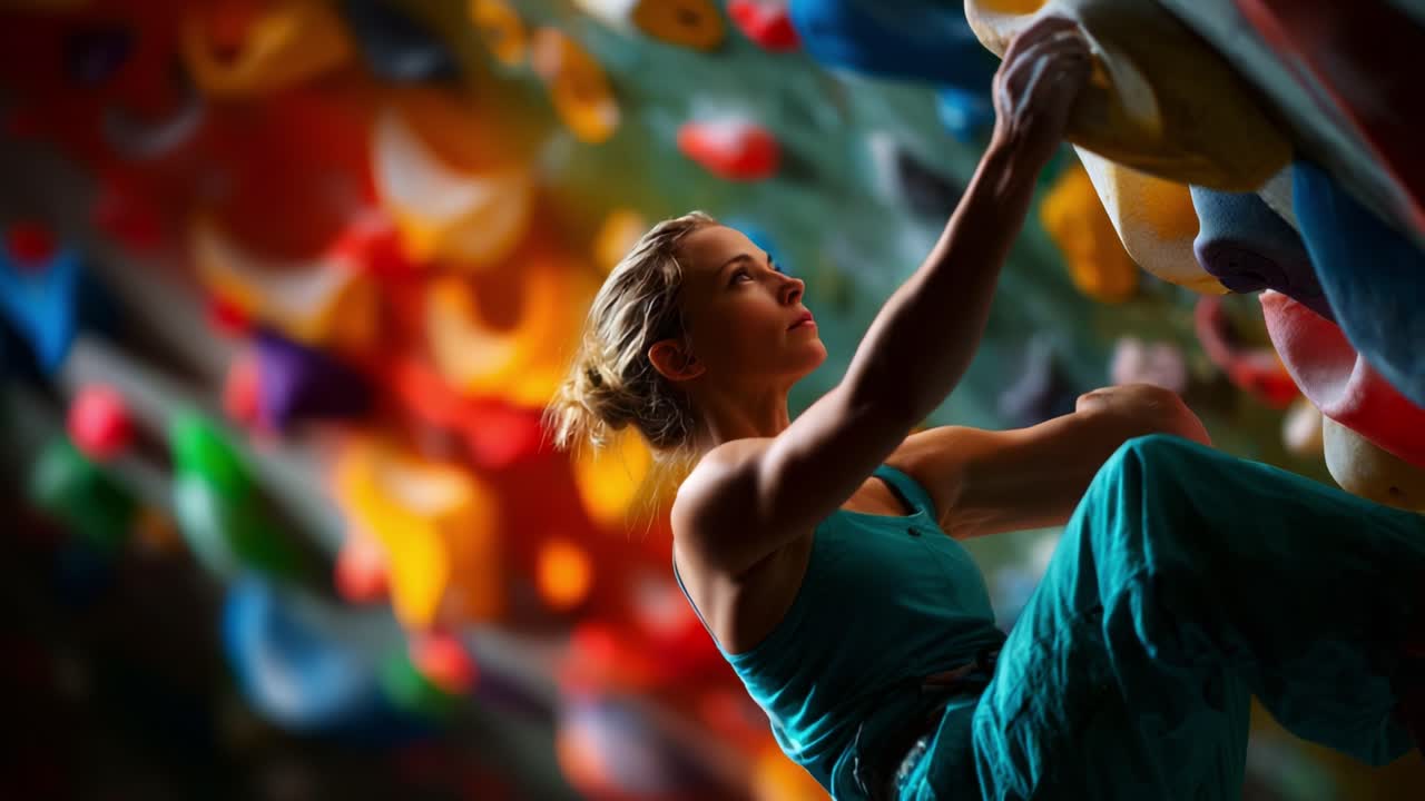 A dedicated climber skillfully ascends a colorful bouldering wall, showcasing strength and determination while surrounded by vibrant holds in a dynamic indoor climbing environment