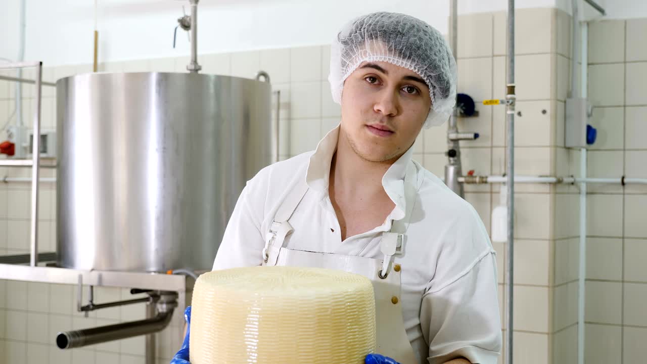 fábrica de queso diario - joven fabricante de queso que muestra una gran forma de queso