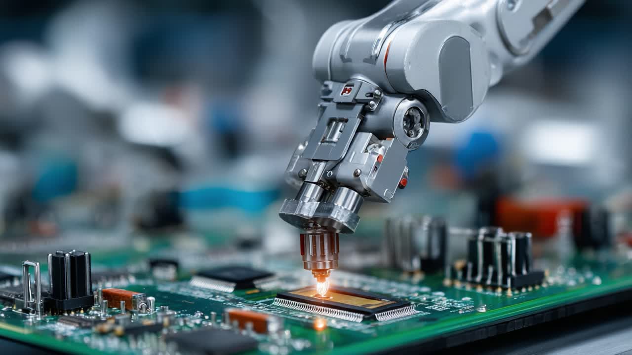 Precision Engineering in Action: A Robotic Arm Assembles Components on a Circuit Board, Demonstrating Advanced Automation and Electronics Manufacturing Techniques