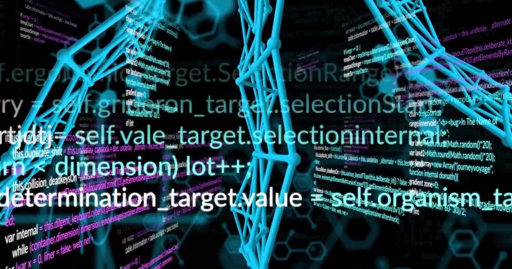 Camera initiating slow orbiting around neon blue lattice while showcasing shifting code panels