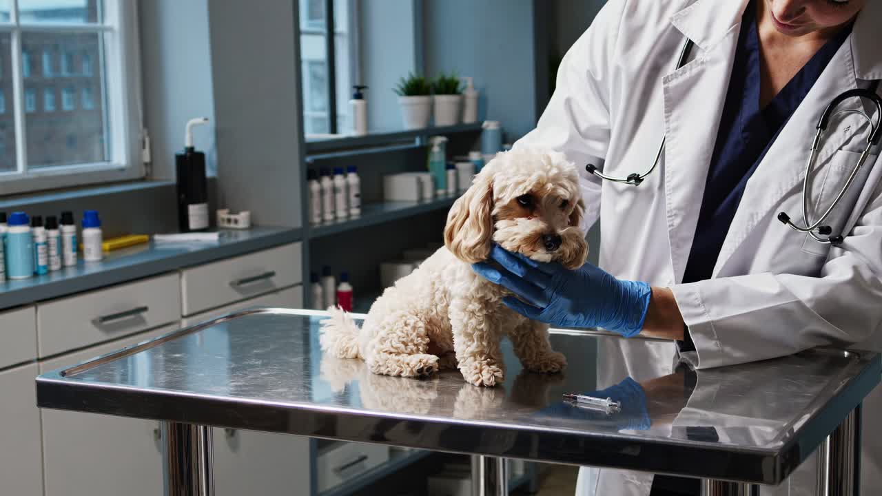 Veterinarian examining a small dog