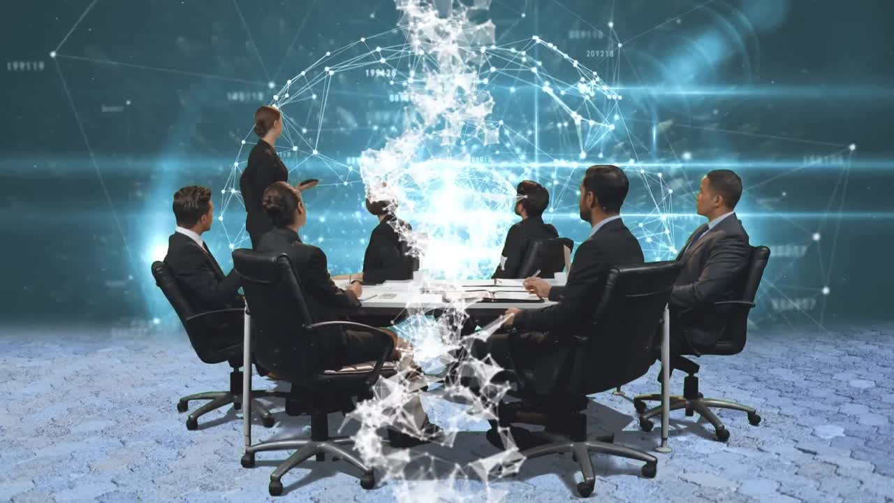 벽 인터페이스에서 글로벌 네트워크와의 회의에서 다양한 비즈니스 동료의 팀의 애니메이션