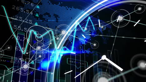 animation of network of connections with clock and financial data on dark background