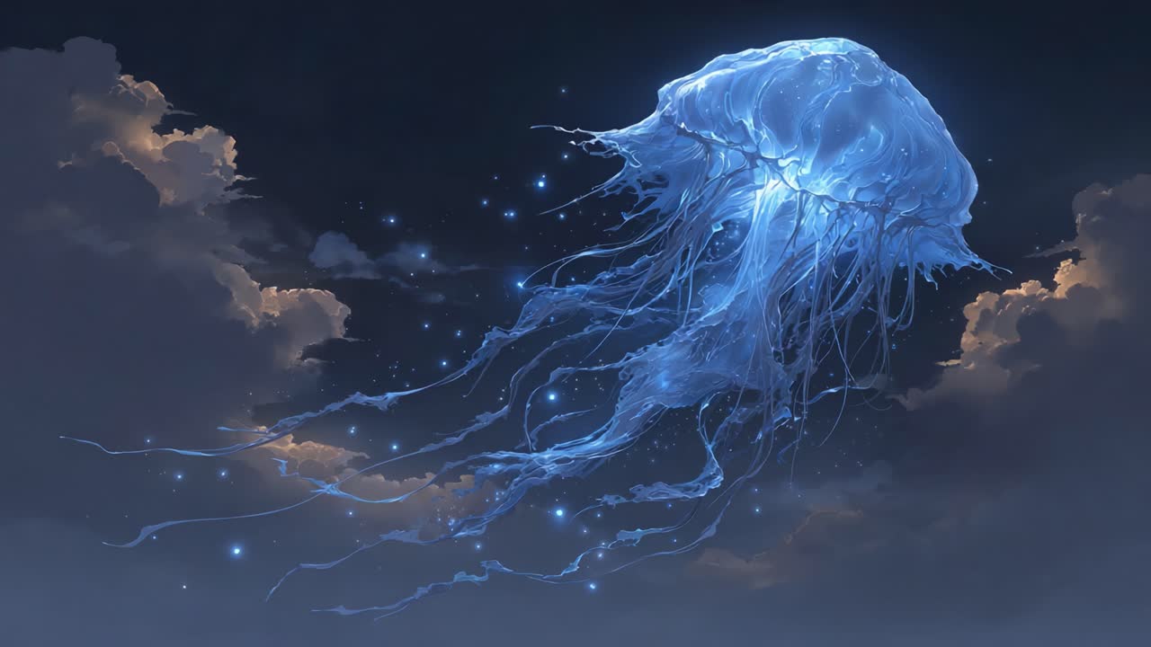 Una medusa traslucida ipnotizzante che scivola con grazia attraverso un cielo oceanico stellato, mostrando la sua bellezza bioluminescente e presenza eterea tra le nuvole.