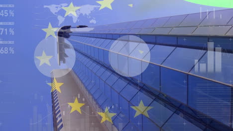 animation of financial data processing and flag of european union over office building