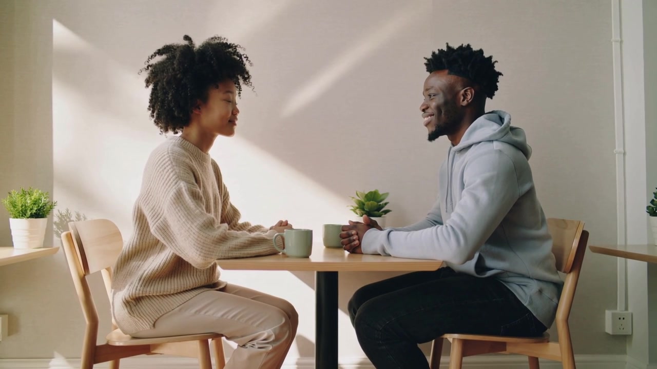 Making eye contact, couple in beige sweater, gray hoodie chatting over green mugs at dining nook