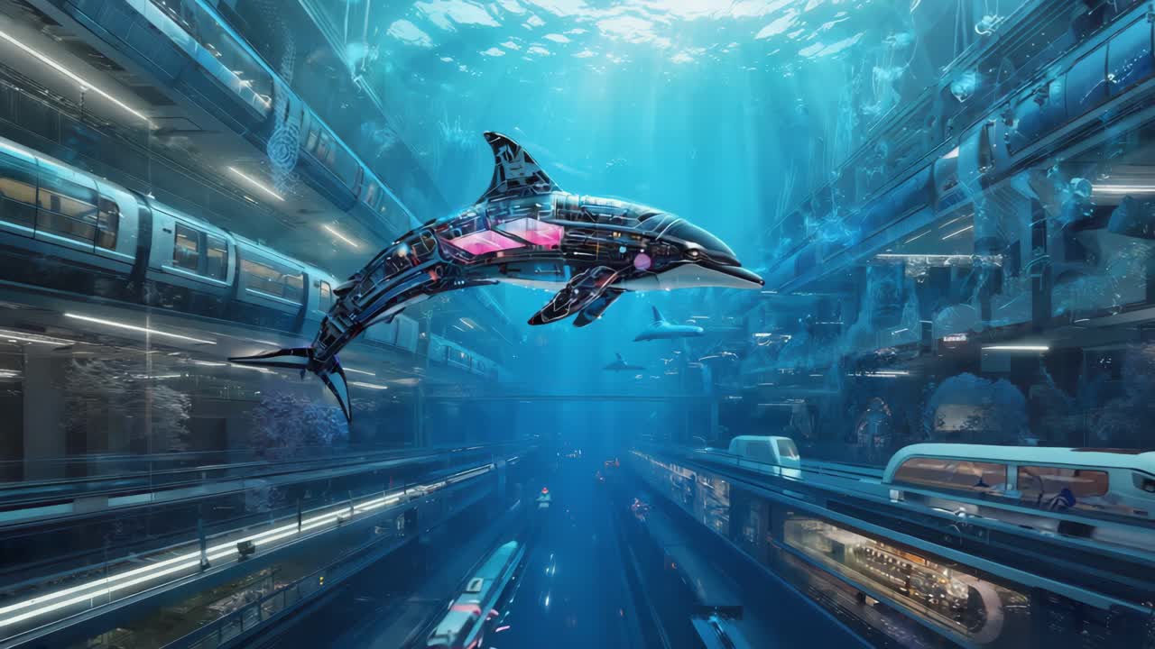Cybernetic Dolphin Swims Through a Futuristic Underwater City with Subway System