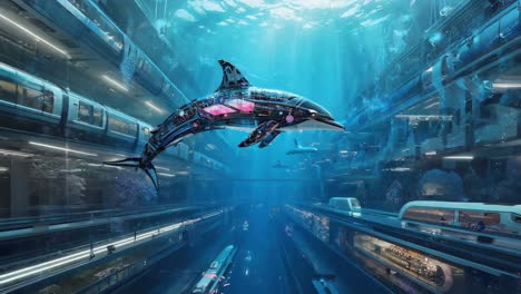 cybernetic dolphin swims through a futuristic underwater city with subway system