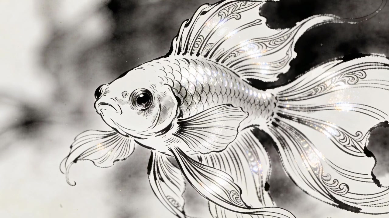 Pesce d'inchiostro ornato che scivola con pinne ondeggianti, la telecamera si avvicina a uno sfondo acquerellato a inchiostro, rivelando scintille.