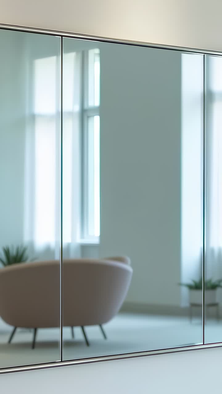 Vertical video: Panning camera on start revealing blush chair behind glass in lounge, with plants