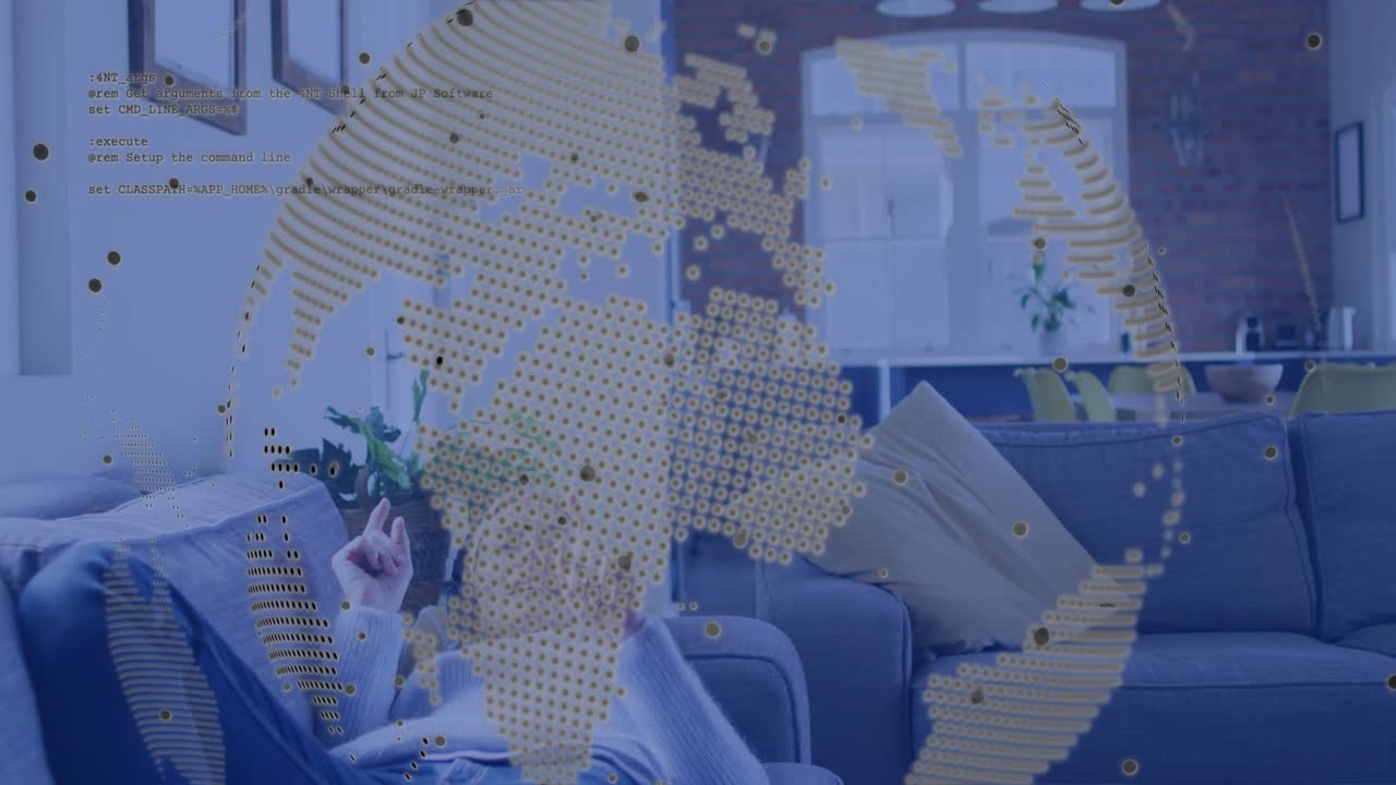 Headphone-clad woman lounging on sofa raising fingers tapping causing globe and code showing tech