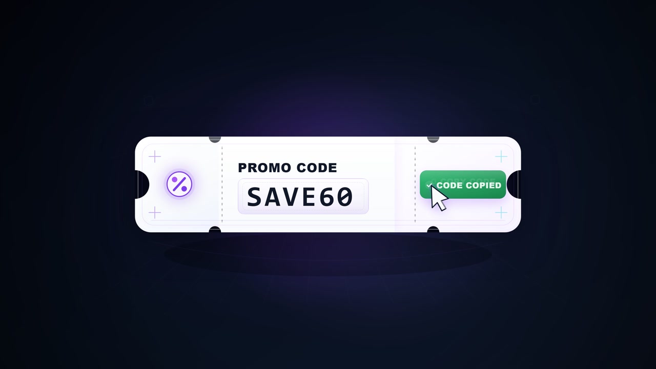 Digital coupon ticket displays SAVE60 with a copy button and confirmation state after the promotional code is copied