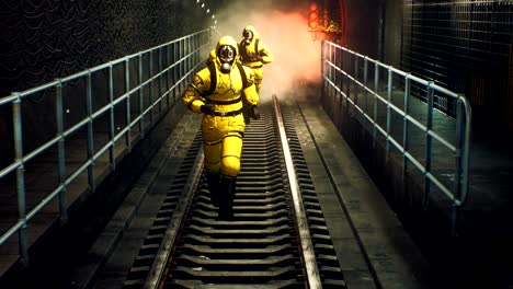 people in chemical protective clothing run out of the tunnel to go to fight the epidemic. the concept of a post-apocalyptic world after a global pandemic. looping 3d animation.