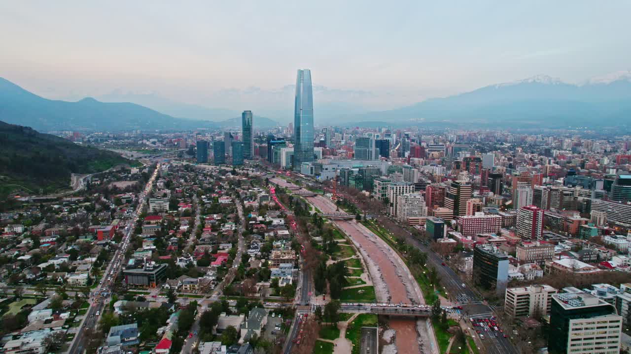 Bird's eye view establishing the financial center of Santiago Chile in the Providencia sector, Costanera tower