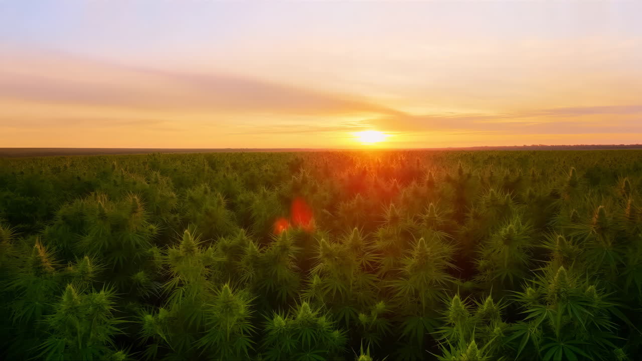 Grønt cannabisfelt under en vakker solnedgangshimmel