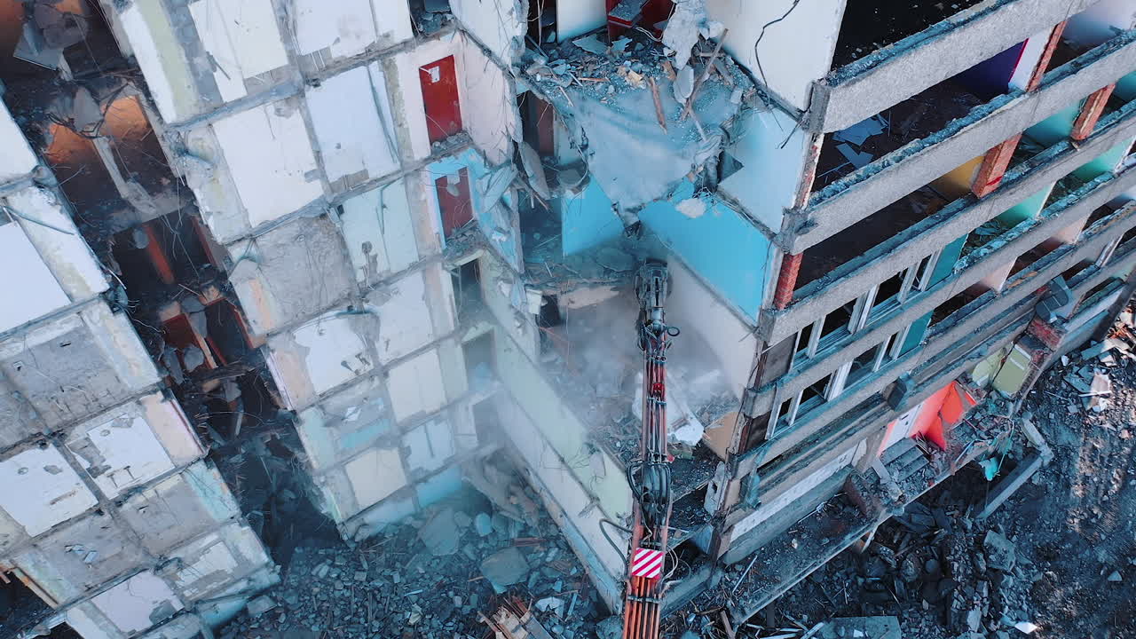 Earthquake house destroyed aerial view. Natural disaster demolition building.