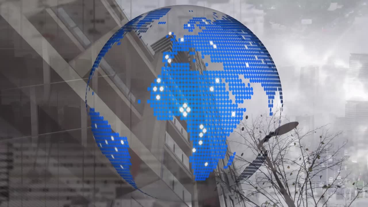 사무실 건물 위의 지구상에 있는 파란색 십자가와 선의 애니메이션