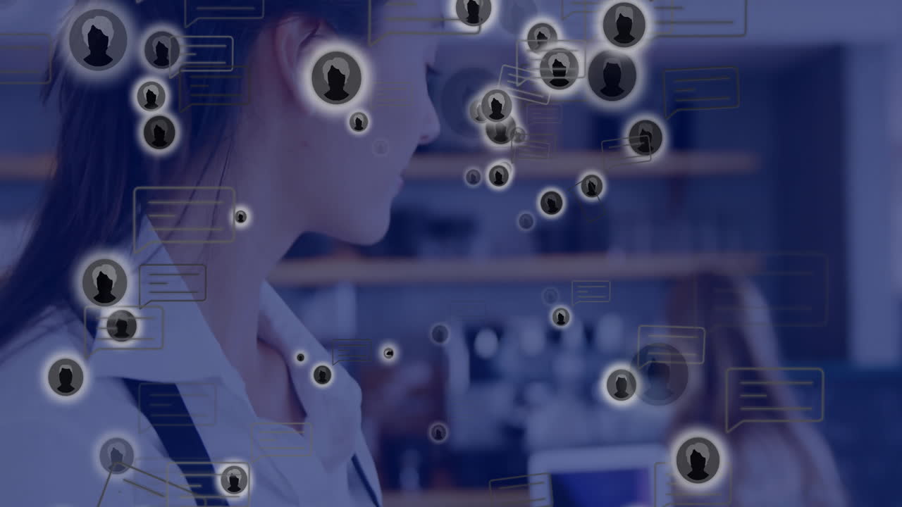 Silhouettes and chat bubbles animation over people working in office setting