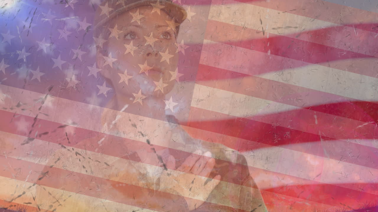 Animazione di soldatessa su bandiera americana