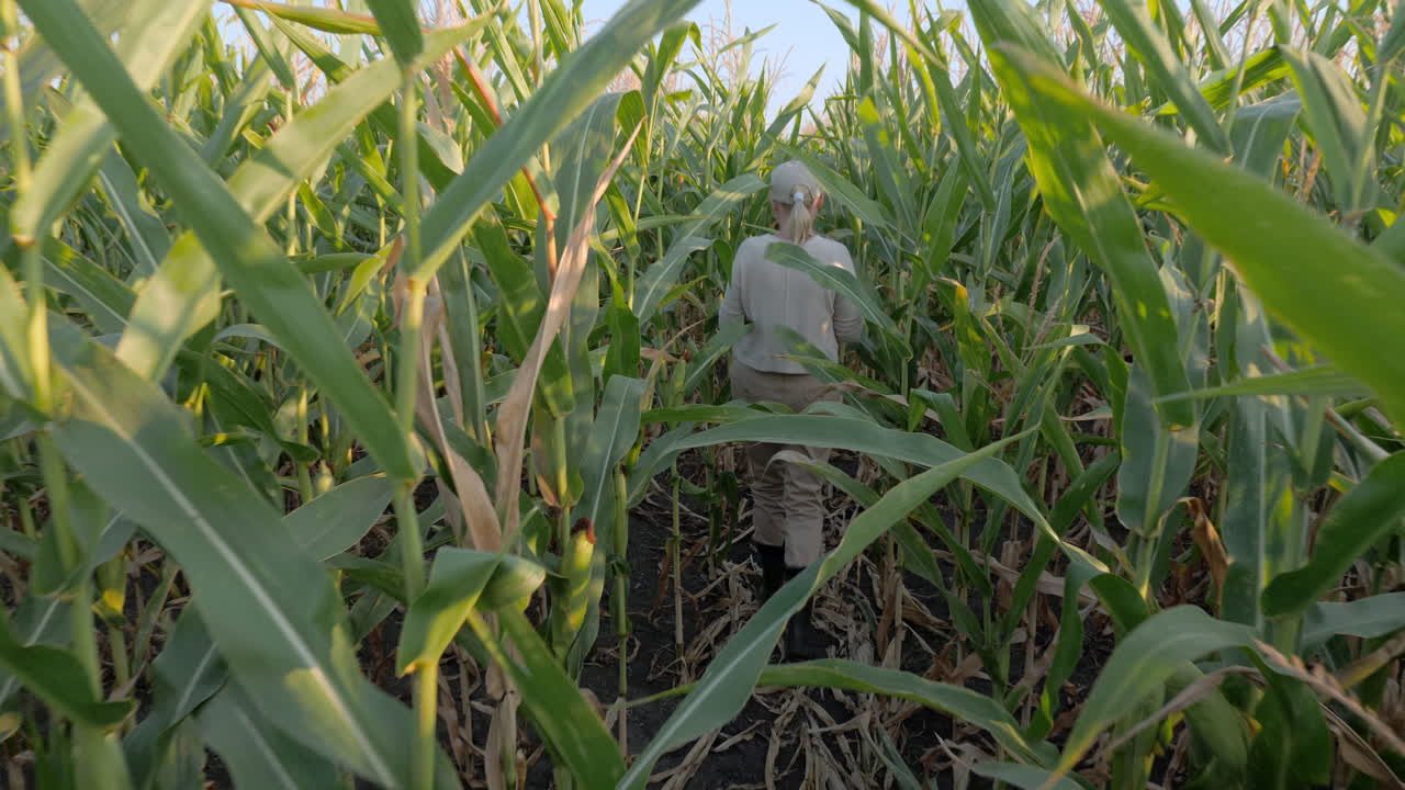 mujer caminando por un campo de maíz