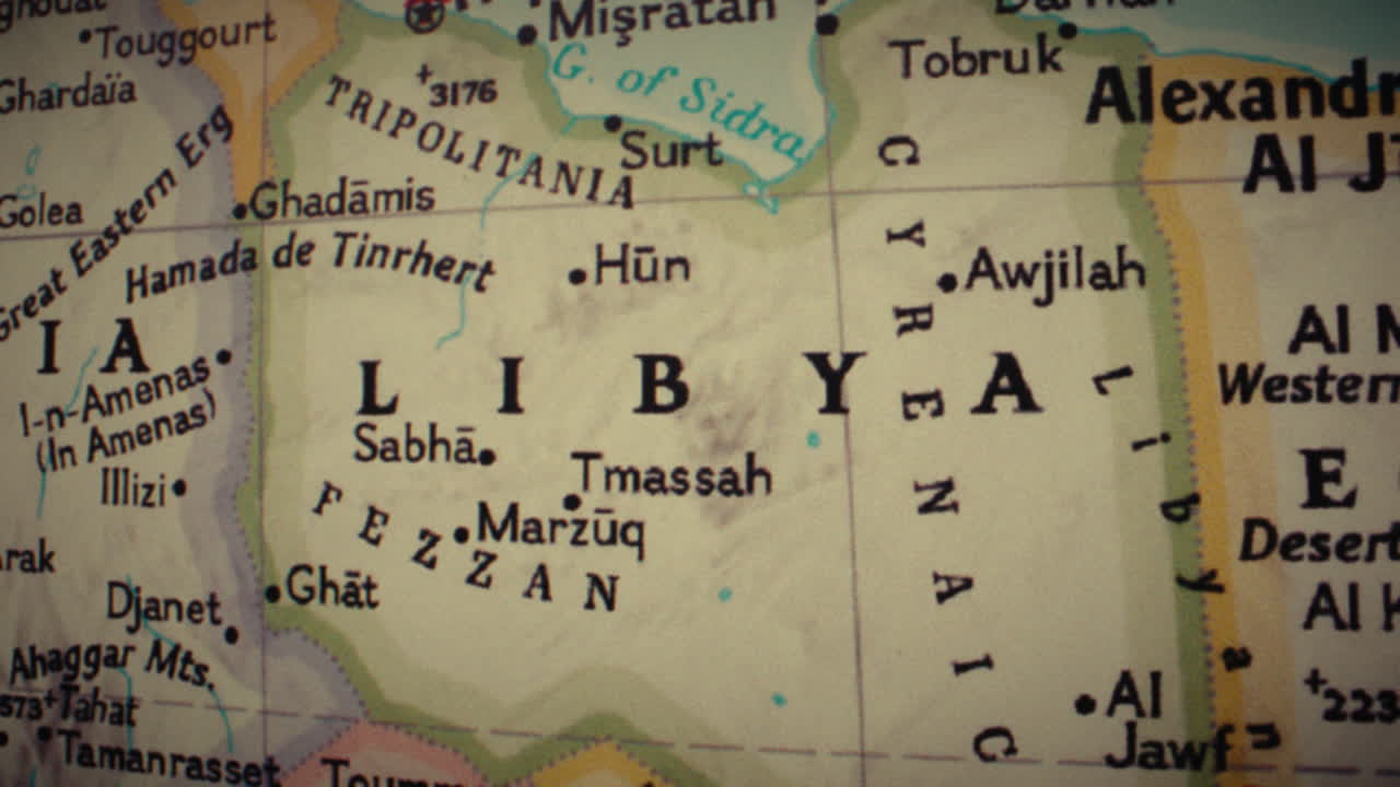 Close-up of a vintage map showing Libya and surrounding North African countries