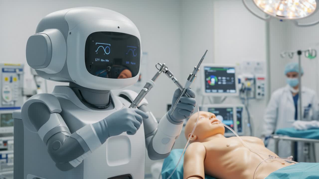 Innovative Robot Surgeon Preparing for an Advanced Medical Procedure on an Anatomical Model in a High-Tech Operating Room Setting
