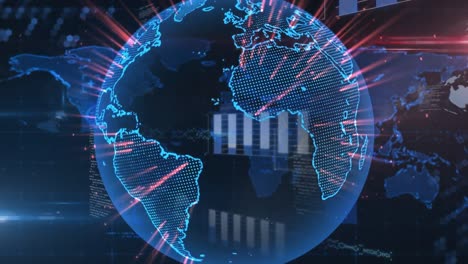 animación de globo azul con red de comunicación brillante sobre procesamiento de datos en fondo negro