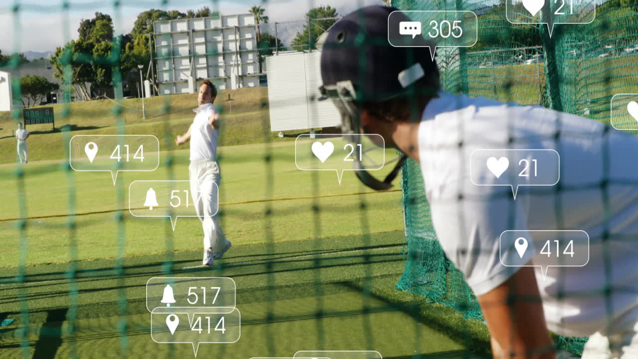 Cricketers practicing on field with social media notifications overlay animation