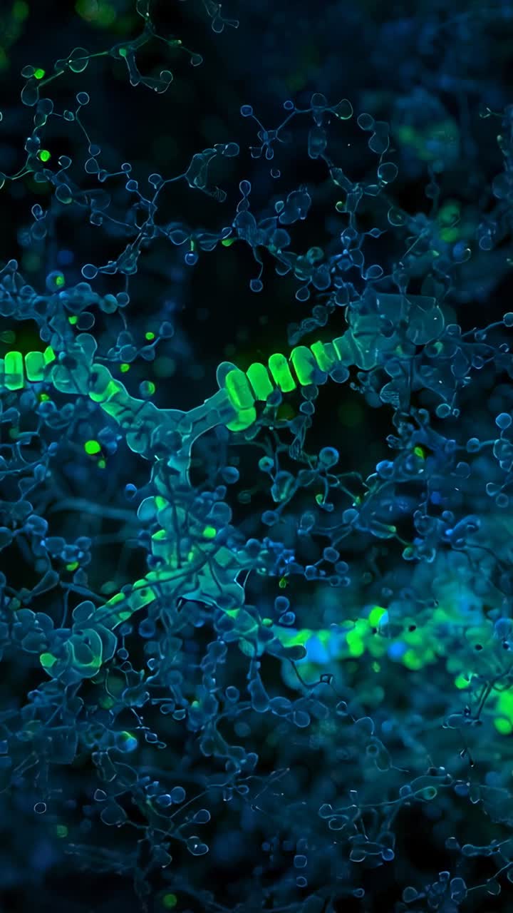 Video verticale: panoramica della camera che rivela una catena verde segmentata centrata nel gel, evidenziando la profondità
