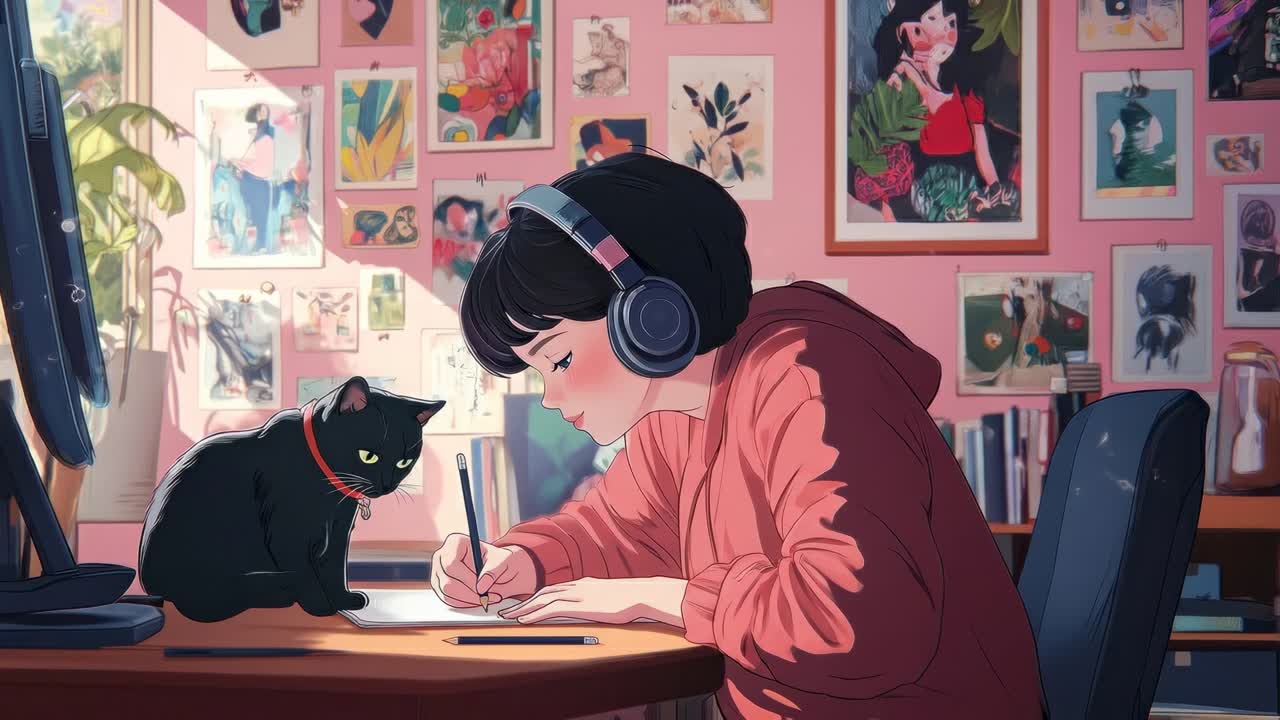 Cozy room with a girl drawing, wearing headphones, cat nearby. Side angle, video game art style