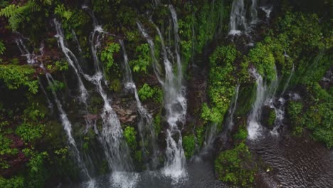 drone footage of banyu wana amertha waterfall in bali. lush tropical jungle, cascading water, and peaceful natural scenery.