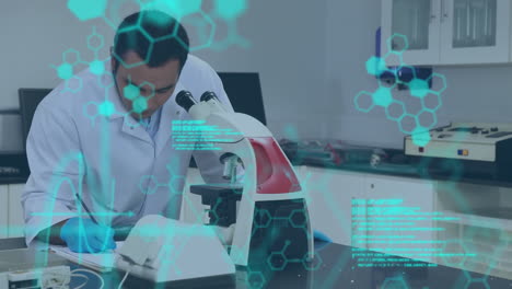 animación de procesamiento de datos científicos sobre un científico caucásico masculino usando el microscopio en el laboratorio
