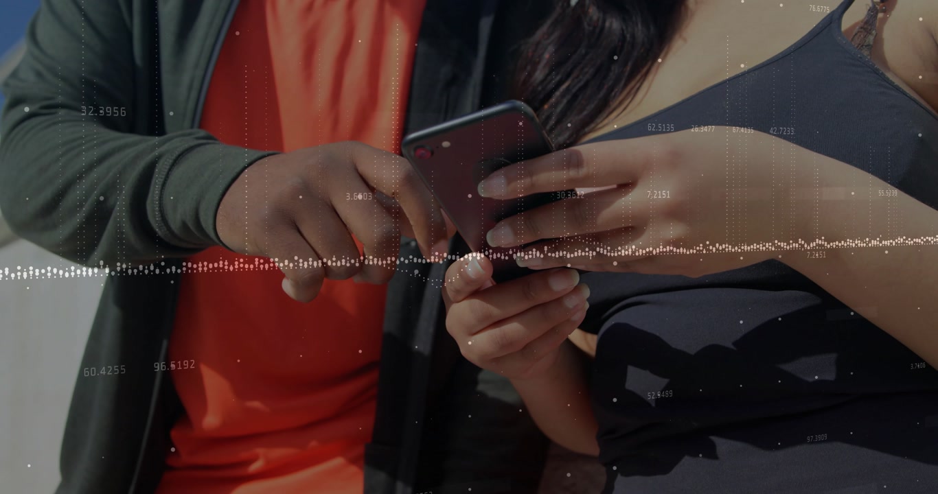 Technology showing woman presenting smartphone screen, friend tapping swiping with waveform overlay