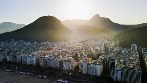 Aerial-view-toward-condos-in-the-Copacabana-district,-sunset-in-Rio-de-Janeiro