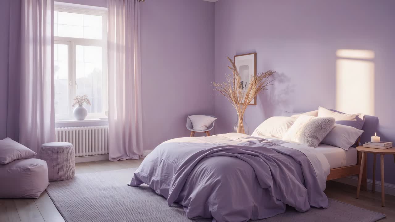 Luce solare che si sposta e scivola su un letto in legno con piumone color lavanda in camera da letto, smuovendo le tende leggere