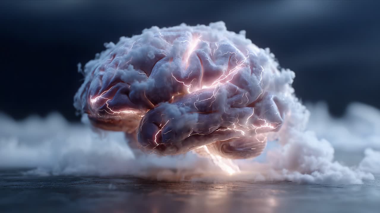 Una rappresentazione accattivante di un cervello simile a una nuvola che sprigiona energia elettrica, a simboleggiare la potenza del pensiero e della creatività in un'atmosfera surreale