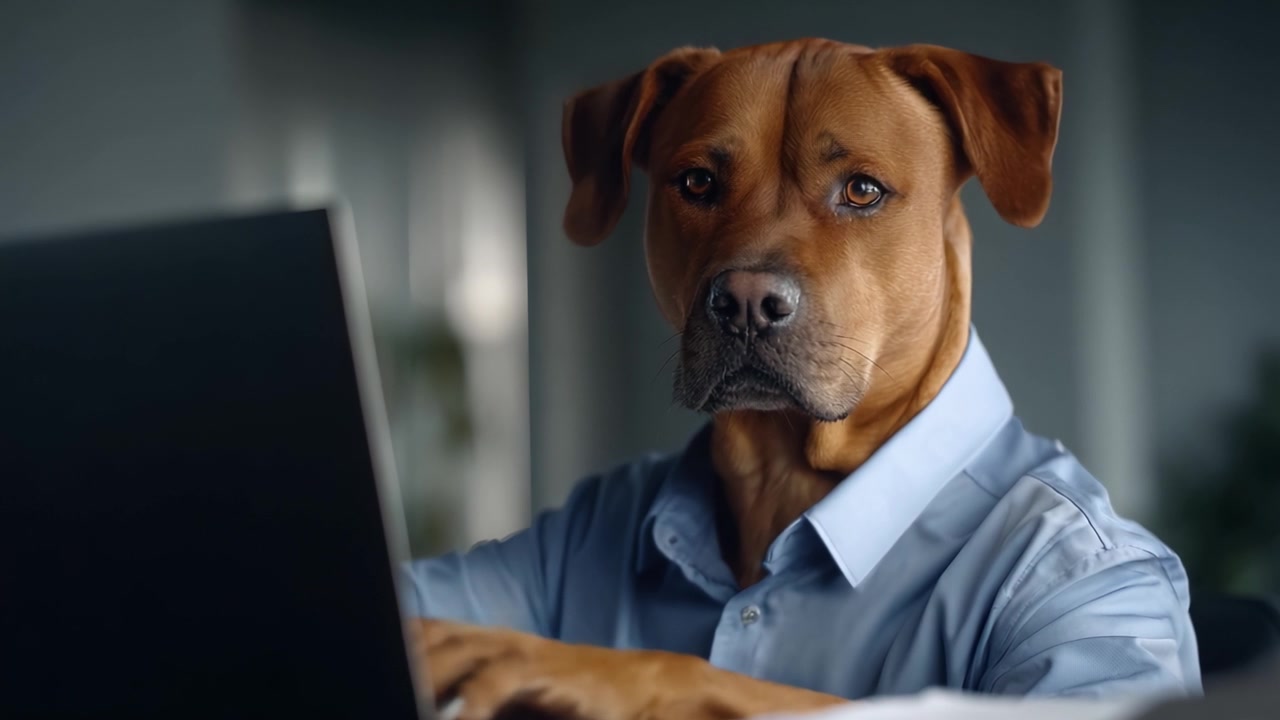Uroczy pies w formalnej koszuli intensywnie pracujący przy laptopie, prezentujący unikalne połączenie profesjonalizmu i figlarności w nowoczesnym środowisku biurowym.