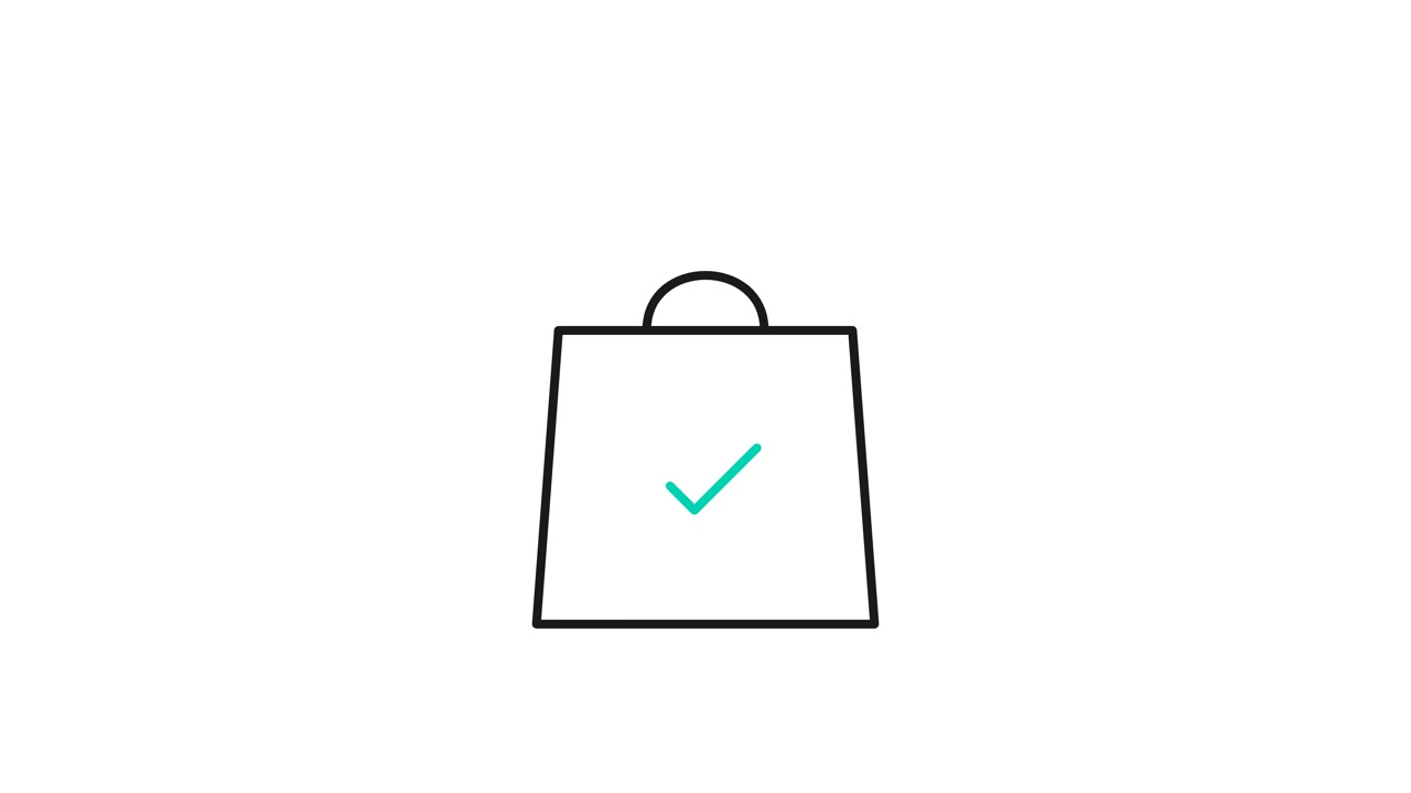 Disegno al tratto animato di una borsa della spesa con un segno di spunta