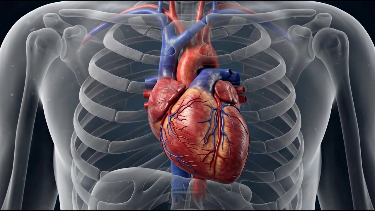 Detailed heart and major vessels visible within transparent human chest
