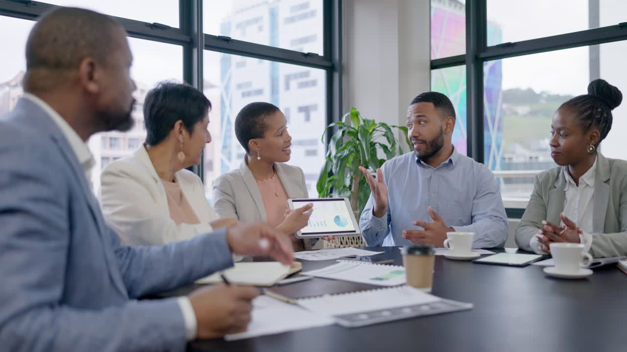 Tablet, charts or business people in meeting