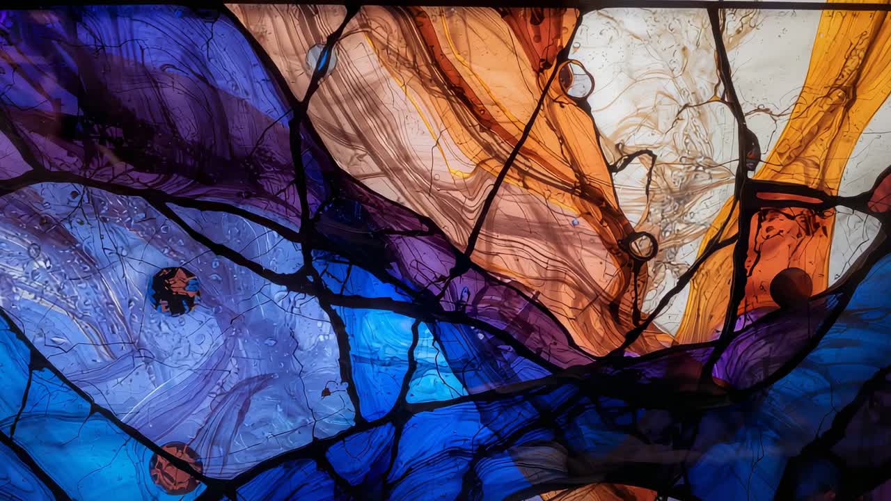 Camera drifting across fluid art panel in gallery, revealing pigment bubbles, veining for detail