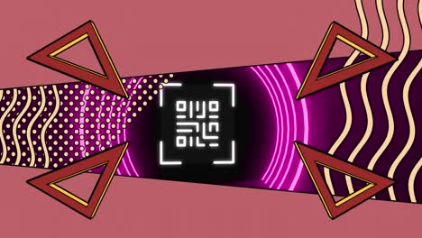 animación de un código qr brillante sobre formas geométricas de neón