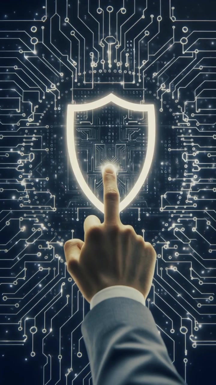 Uomo d'affari che tocca l'icona di scudo digitale su interfaccia di cybersicurezza futuristica