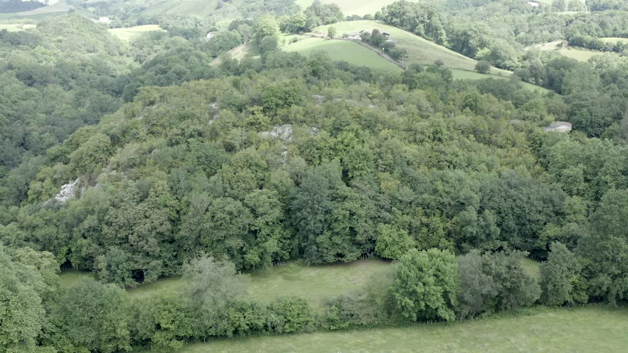 Forest, hills, rural landscape, Zugarramurdi countryside, Spain. Aerial drone panoramic view