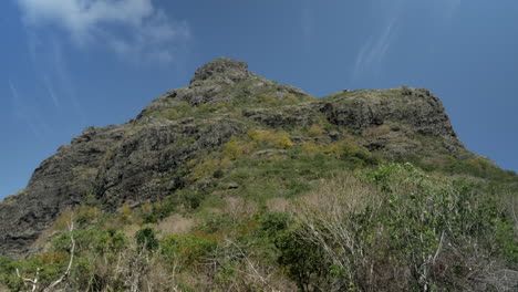 Tilt-up-shot-showing-natural-mountain-brabant-in-le-morne,-Mauritius-on-sunny-day