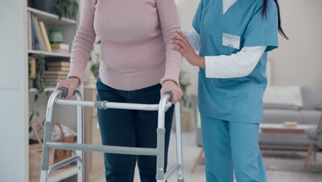 caregiver, hands or elderly woman walking